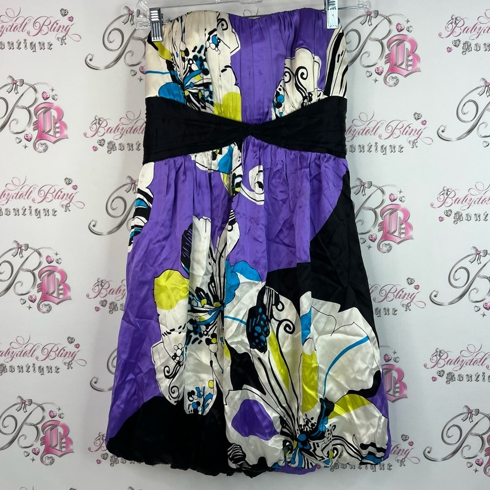 Bebe dress shiny floral butterfly print shimmer Elegant White Satin Dress